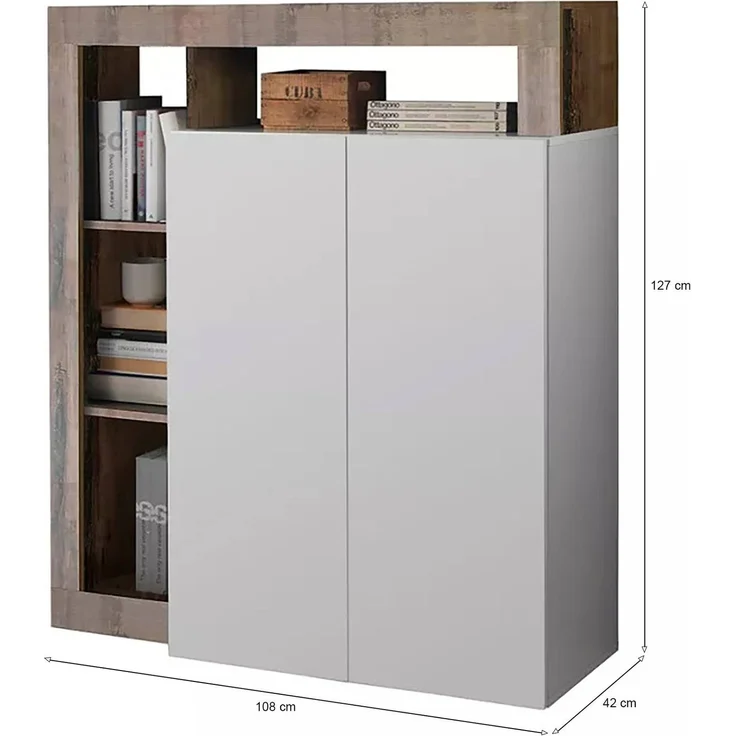 Dmora Kommode Smeraldo, Wohnzimmerbuffet, Wohnzimmer-Sideboard, Moderne Küchen-Speisekammer, Made in Italy, 108x42 h127 cm, Glänzendes Weiß und Akazie – Bild 3