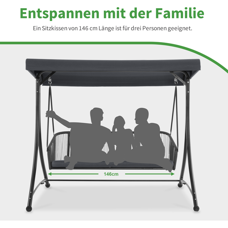 M MCombo Hollywoodschaukel 3-Sitzer, Gartenschaukel mit Verstellbares Sonnendach, Schaukelbank Outdoor, Gartenliege Wetterfest, Sitzbezug Abwaschbar 8026 (Dunkgelgrau) – Bild 5