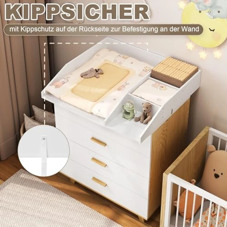 WOLTU Wickelaufsatz, für Kommode mit Tiefe 47,5-50 cm Breite ab 80 cm, Wickeltischaufsatz mit Trennfach, mit Sicherheitsgurt, 80 x 13,5 x 74,5 cm, Weiß, WT017ws – Bild 6