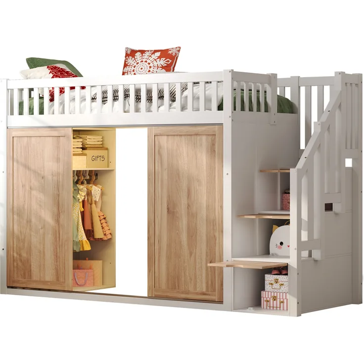 Bett 90x200 cm mit Kleiderschrank und Treppenschrank, Massivholz/MDF, Weiß und Eiche, app‑steuerbare LED, Lattenrost inklusive