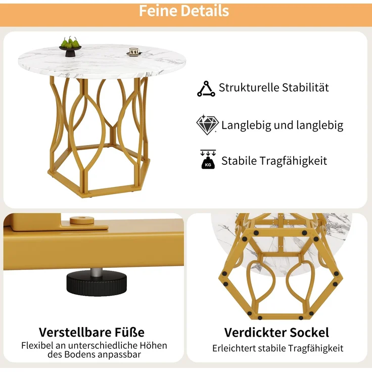 5-teiliges Esszimmer-Set mit rundem Esstisch Ø100 cm & 4 Samtstühlen – Design Essgruppe mit Marmormuster Tischplatte & Metallgestell – Bild 5