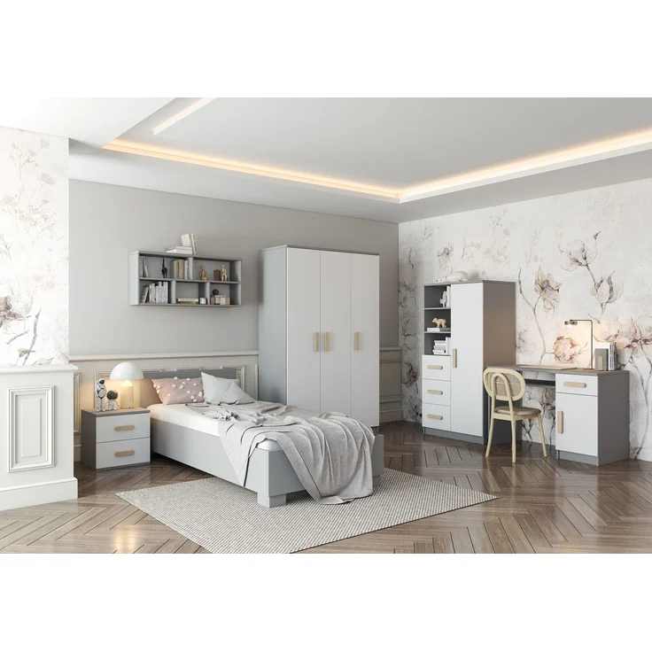 Jugendzimmer Elora 6 teilig in Grau und Weiß – mit Schreibtisch, Regalschrank, Wandregal, Jugendbett, Nachttisch und Schrank – in 8 verschiedenen Grifffarben wählbar - 6 teilig , Sonoma Eiche