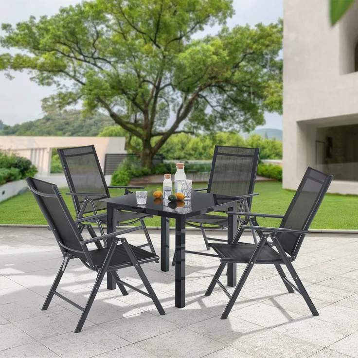 Juskys Aluminium Gartengarnitur Milano Gartenmöbel Set mit Tisch und 4 Stühlen Dunkel-Grau mit schwarzer Kunstfaser Alu Sitzgruppe Balkonmöbel