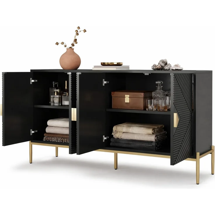 DESVIAE Sideboard mit 4 Türen und geometrischem Muster 162x80x40 cm MDF/Spanplatte Schwarz – Bild 7