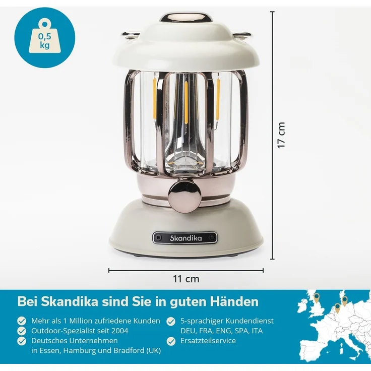 Skandika LED Gartenleuchte Campinglampe Forsol, Retro-Stil, Aufladbar, Tischlampe, Campingleuchte, stufenlos dimmbar, 4400mAh Akku, tragbar, Laterne Warmweiße Lichtfarbe – Bild 5