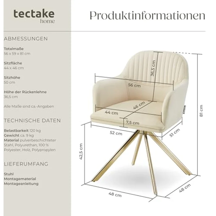 tectake Esszimmerstuhl Samt-Drehstuhl (1er Set, 1 St), gepolstert – Bild 3