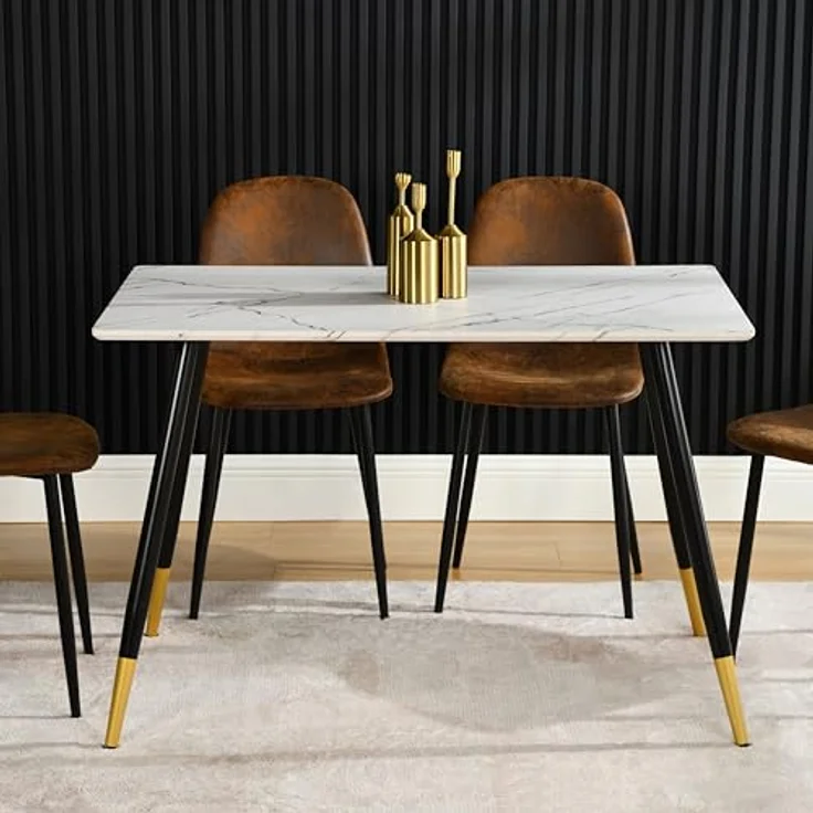 39F FURNITURE DREAM Tisch im skandinavischen Design mit Deckel aus Marmorpapier, Metallbeine, Schwarz und Gold, für Küche, Esszimmer, Wohnzimmer, MDF, Weiß, 110 x 70 x 75 cm – Bild 5