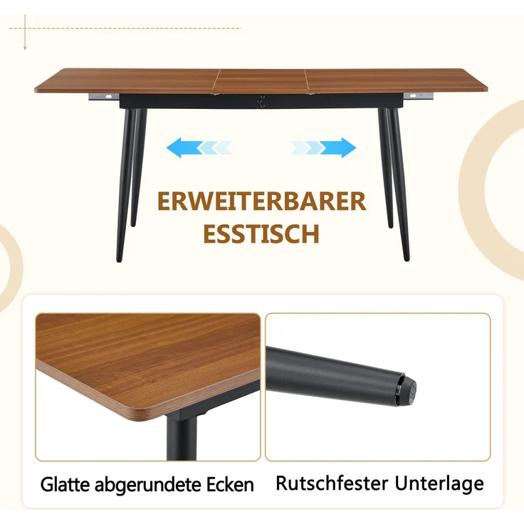 Esstisch aus MDF mit Metallgestell, 190,5/150x80x76,2 cm, Walnuss – Bild 6