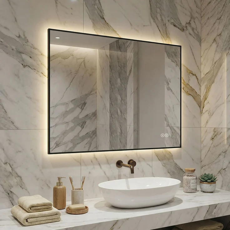 LED Badezimmerspiegel 60x80 cm mit Aluminiumrahmen, Hinterleuchtet, Anti-Beschlag, 3 Lichtfarben, Stufenlos dimmbar, Memory-Funktion, 5 mm kupferfreier Silberspiegel--Silber--60x80x2.5cm--YOUDENOVA – Bild 2