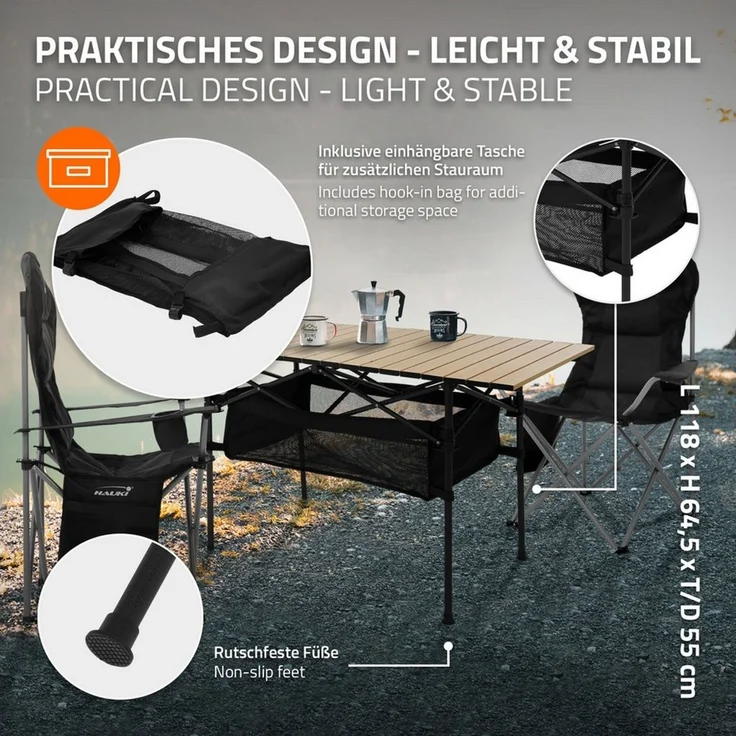 Hauki Campingtisch Klapptisch faltbar aus Aluminium inkl. Tragetasche, Gartentisch 118x55x64,5 cm Beige, Aufrollbare Tischplatte, Falttisch – Bild 3