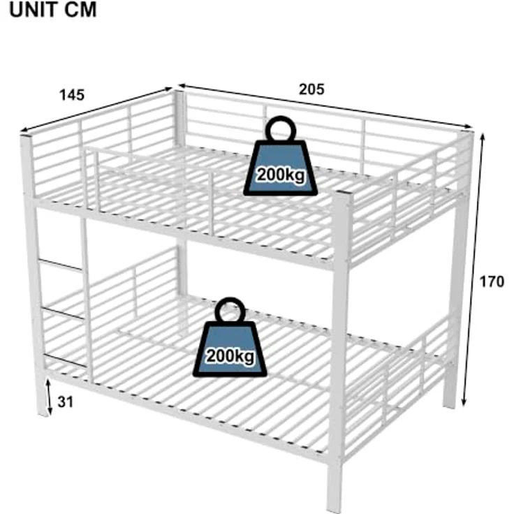 FAVSH Etagenbett 140x200 cm aus Metall, Hochbett mit Rausfallschutz und Leiter, Geräuscharmes Doppelbett, rutschfest, für Jugendliche und Erwachsene, WG & Ferienwohnung, Weiß A – Bild 2