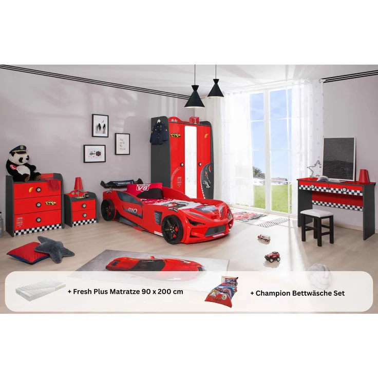 Kinderzimmer komplett Set mit Autobett Rio 5 teilig Rot