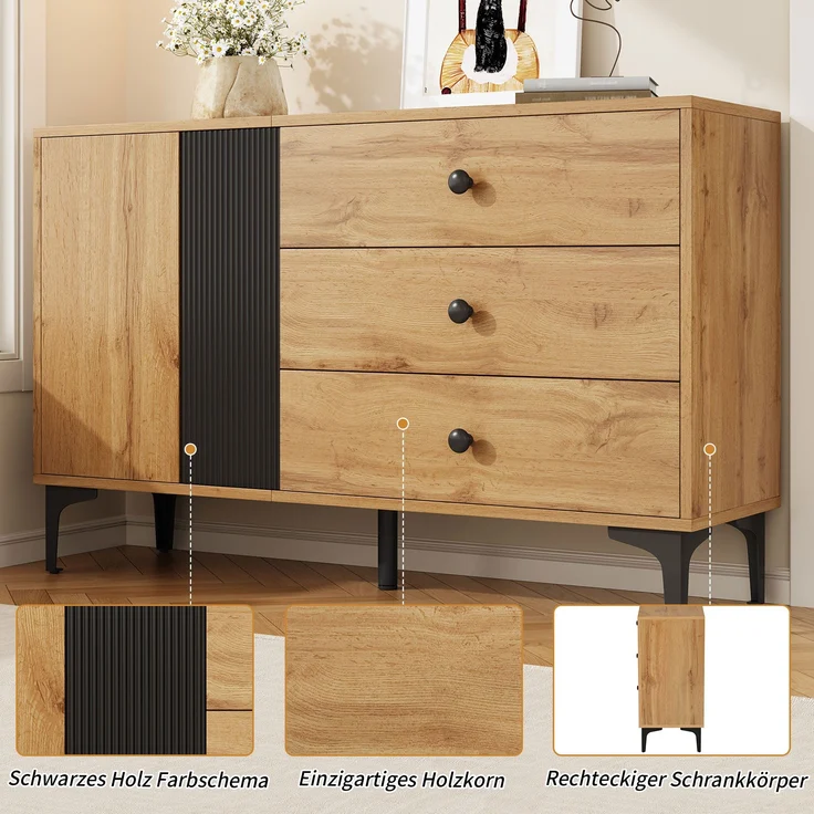 Sideboard aus Spanplatte mit Tür & 3 Schubladen, 120x35x76 cm, Natur/Schwarz – Bild 6