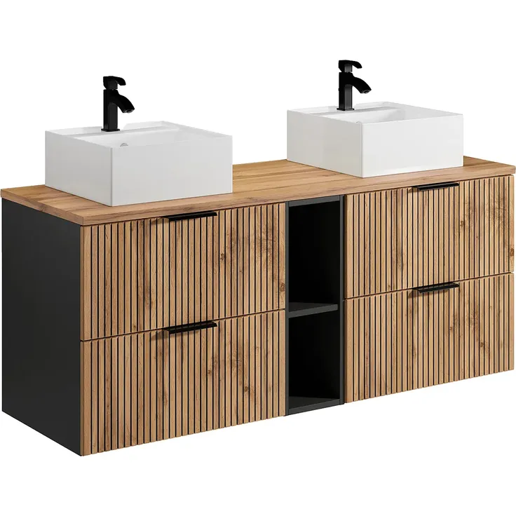 Vente-unique - Waschbeckenunterschrank hängend mit Ablagen & Doppelaufsatzwaschbecken quadratisch - Streifenoptik - Holzfarben hell - 140 cm - MADELA