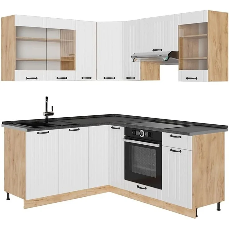 Eckküche Fame-Line Weiß Landhaus/Goldkraft Eiche 190 x 160 cm, AP Anthrazit Vicco – Bild 1
