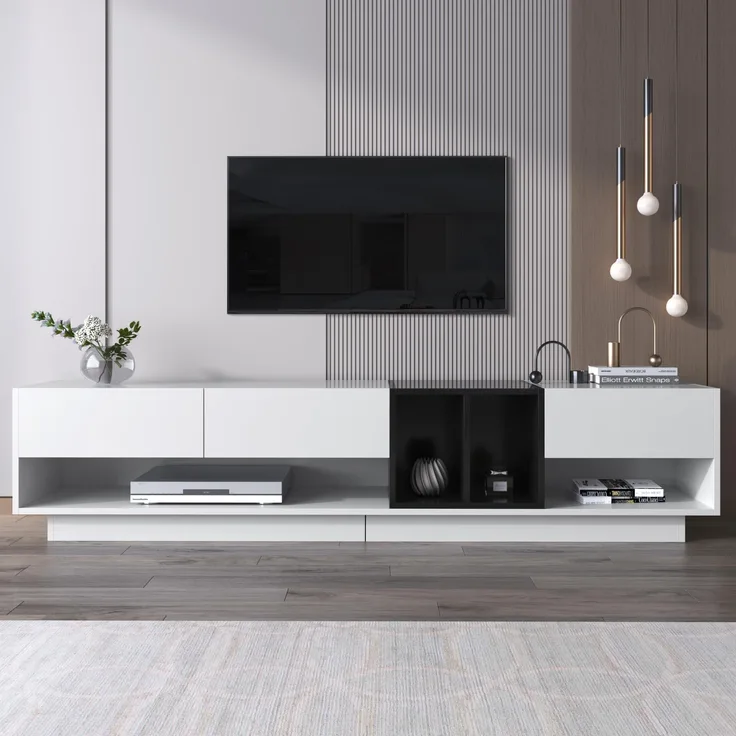 Ball & Cast TV Schrank (190×40×42cm) mit 3 Schubladen, Lowboard Fernseher Tisch mit Fächer, Bequeme Montage, Weiß