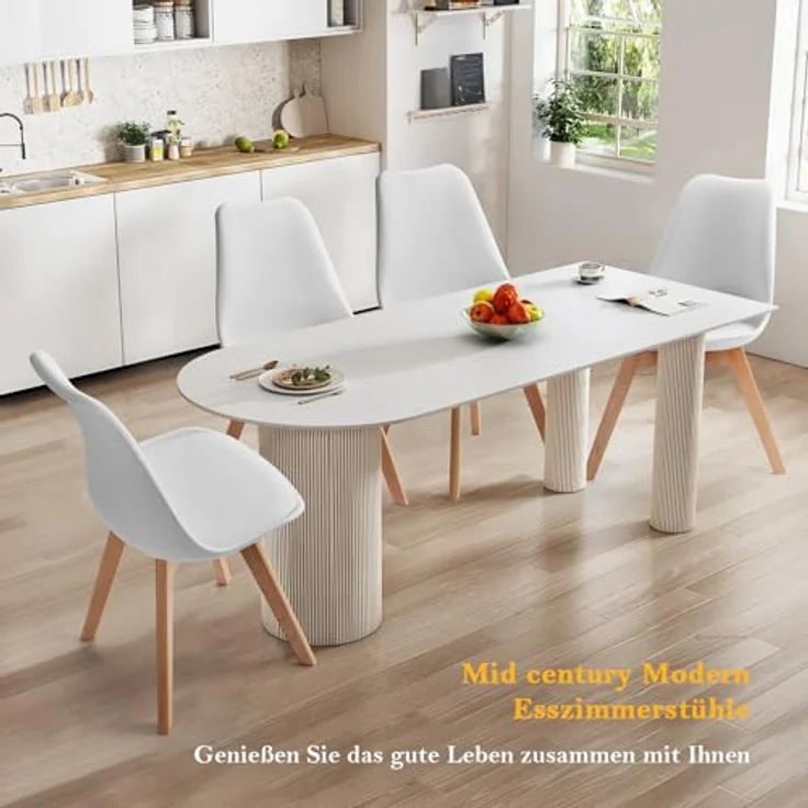 Sweetrcrispy Esszimmerstühle 4er Set, Mid-Century Modern, PU-Leder Polsterstühle mit Holzbeinen, Küchen- & Esszimmer, Weiß – Bild 4