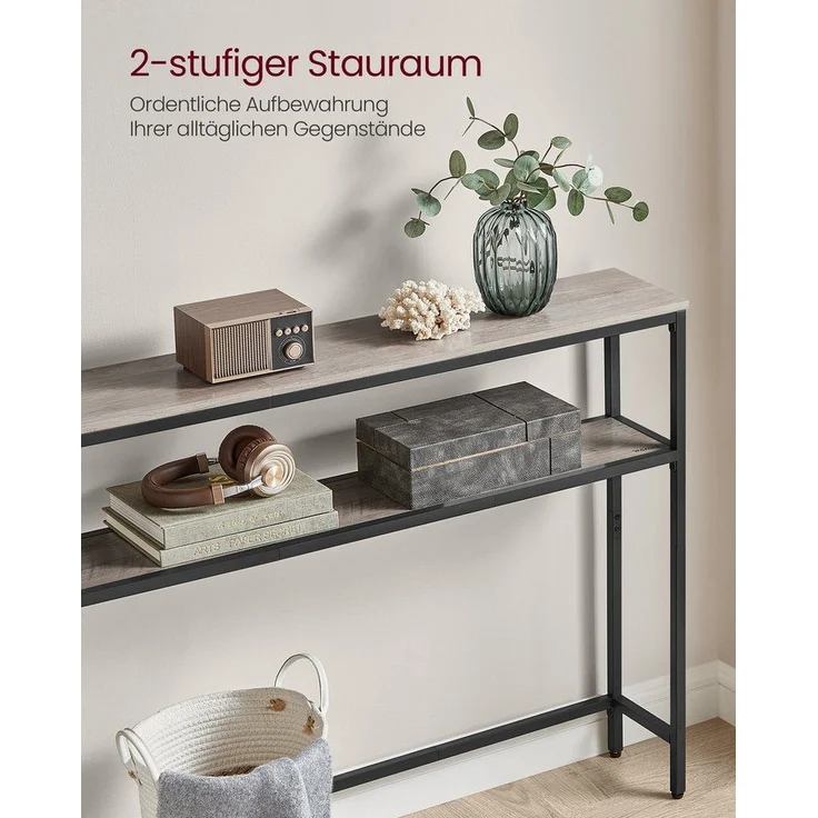 Vasagle Konsolentisch, schmaler Sofatisch mit 2 Ablagen, 20 x 100 x 80 cm, Flurtisch, 2 Ebenen, für Flur, Wohnzimmer, Schlafzimmer, greige meliert-tintenschwarz LNTDE131K02 – Bild 2