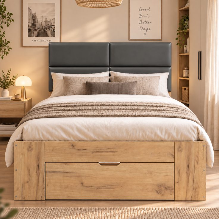 Stauraumbett mit Schubladen, Liegefläche 90×200 cm, Nachtlicht und USB, Natur, ohne Matratze – Bild 2
