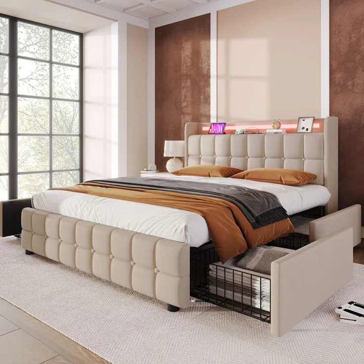 Einzelbett 160 × 200 cm mit Steckdosen,USB-Anschlüssen und LED-Beleuchtung,4 Schubladen,Leinenbezug in Beige,inklusive Matratze – Bild 5