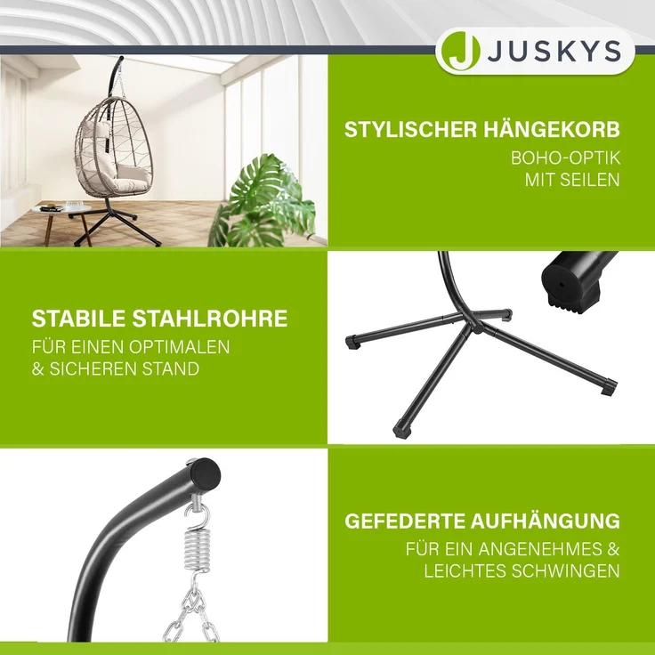 Juskys 'Aria' Hängesessel mit Kissen, höhenverstellbar & faltbar, Polyrattan beige, bis 130 kg belastbar – Bild 5