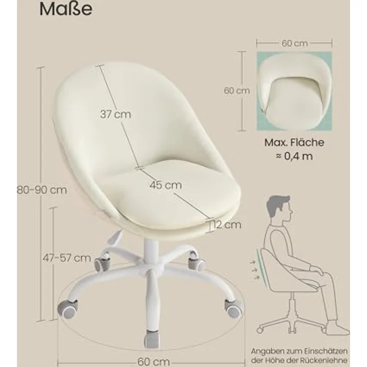 SONGMICS Homeoffice-Stuhl, Schminkstuhl mit Samt-Vorderseite, Schreibtischstuhl, Schaumstoffpolsterung, höhenverstellbar, für Arbeitszimmer, Schlafzimmer, cremeweiß OBG020WD01 – Bild 3