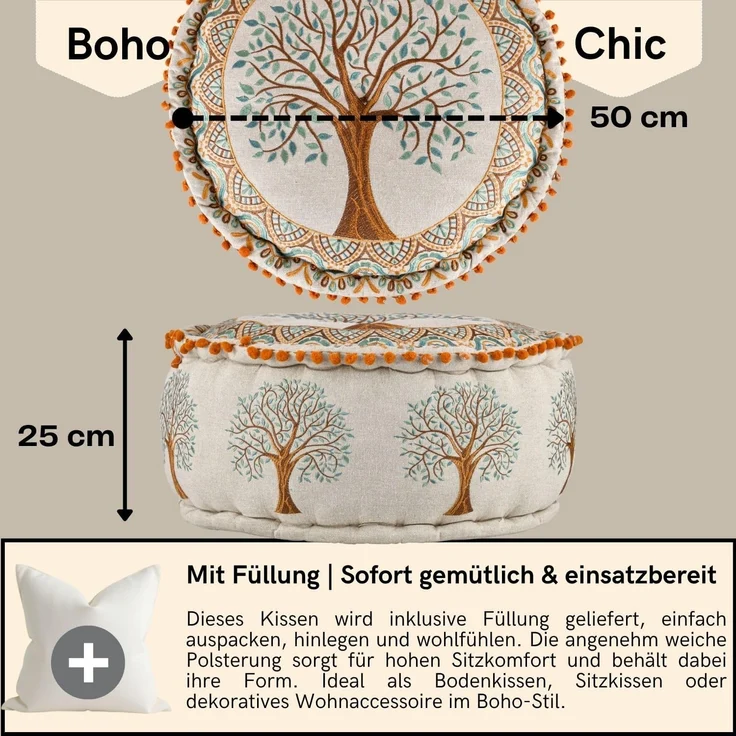 Marrakesch Orient & Mediterran Interior Pouf Pouf Guansha Braun, Sitzkissen 50x25 cm, Baumwolle bestickt, gefüllt (1-St), Handarbeit – Bild 3