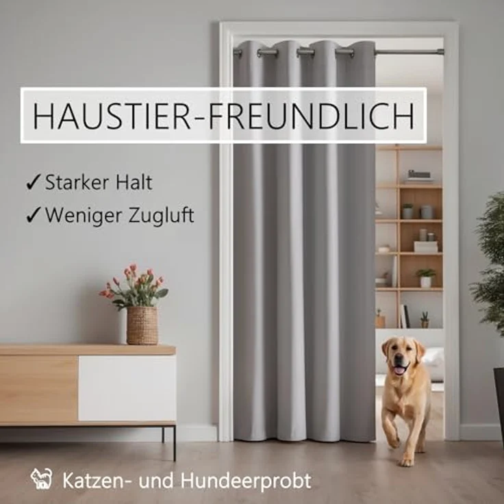 tinycurtains Türvorhang mit Stange silber 70-120 cm Thermo Vorhang ohne Bohren, mit Magneten, Ösen, abdunkelnd, Polyester, hellgrau Moonlight, Türgardine mit Klemmstange Raumtrenner verdunkelnd – Bild 8
