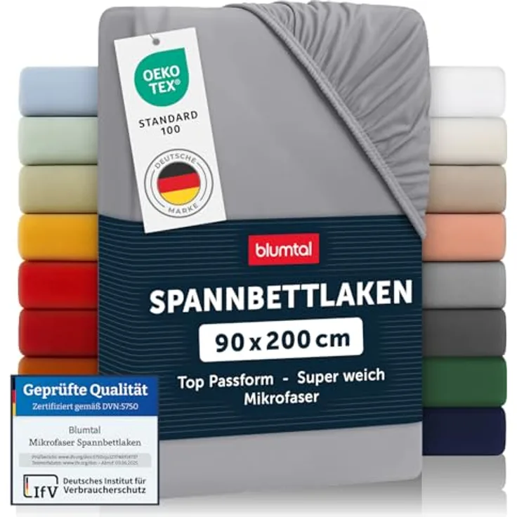 Blumtal® Spannbettlaken - Microfaser - Ökotex zertifiziert - 90x200cm - grau - atmungsaktiv und pflegeleicht
