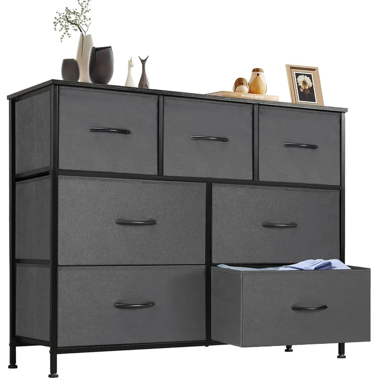 DUMOS Kommode für Schlafzimmer mit Stoffschubladen hohe Organizer für Kleidung Schrank Kinderzimmer Aufbewahrungsturm mit Schrank Metallrahmen Holzplatte leichte