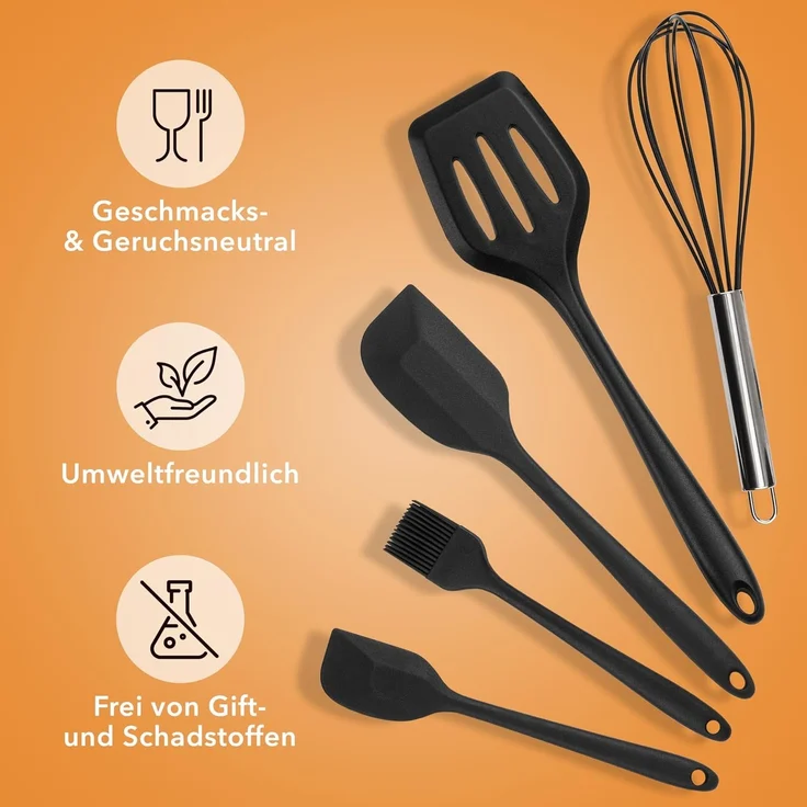 AVANA Kochbesteck-Set Silikon Küchenhelfer Hitzebeständig Kochgeschirr Küchenutensilien (5 Stück), Schneebesen, Spachtel, Backpinsel, Pfannenwender – Bild 7