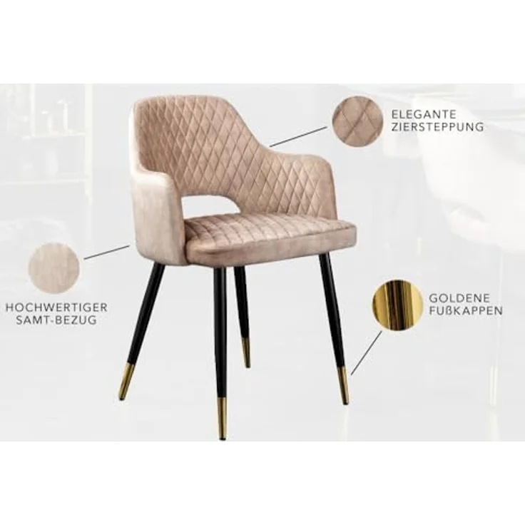 riess-ambiente 4-Fußstuhl PARIS greige / schwarz gold (Einzelartikel, 1 St), Esszimmer · Samt · Metall · mit Armlehne · Ziersteppung – Bild 4