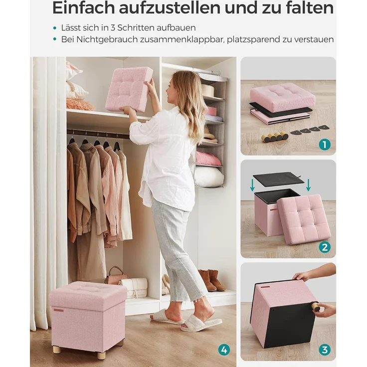 Songmics Sitzbank mit Stauraum, Schuhbank, klappbare Sitztruhe, Aufbewahrungsbox, Fußbank, 38 x 38 x 40 cm, für Wohnzimmer, Schlafzimmer, pastellrosa LSF014P11 – Bild 7