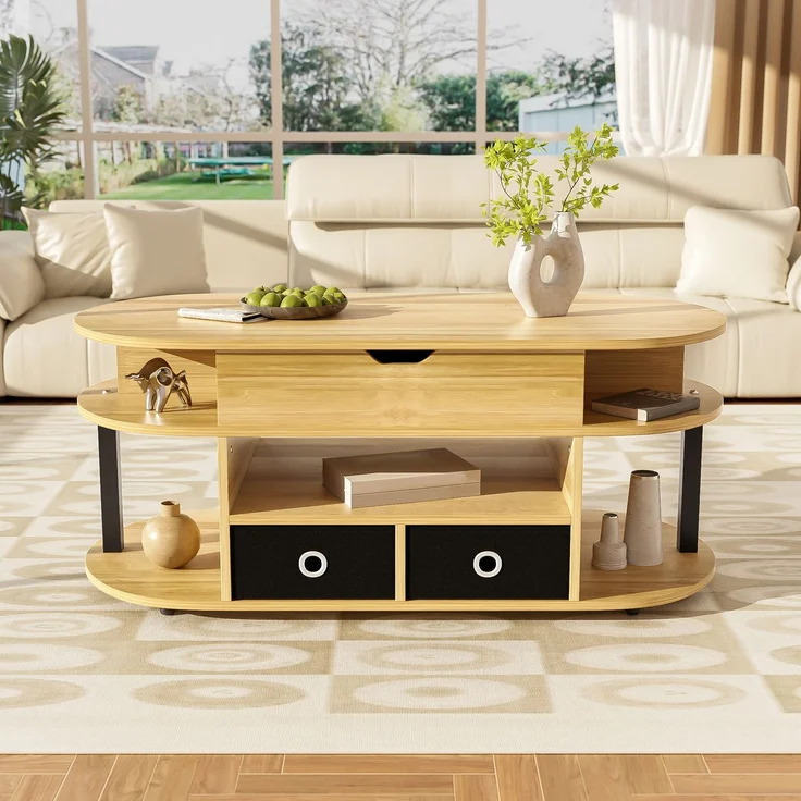 Couchtisch mit Hebefunktion Holzmaserung Schwarz Multifunktion Arbeitstisch & Stauraum – Bild 3