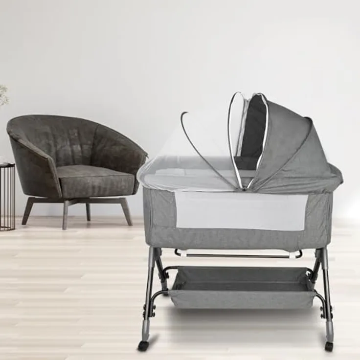 HUOLE 3 in 1 Beistellbett & Babywiege & Reisebett, 4-stufig Höhenverstellbares Babybett, neigbar, Kinderbett, Stubenwagen für Babys bis 25kg belastbar-104 * 52 * 100-110cm – Leinengrau