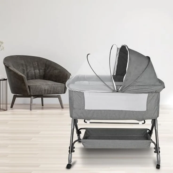 HUOLE 3 in 1 Beistellbett & Babywiege & Reisebett, 4-stufig Höhenverstellbares Babybett, neigbar, Kinderbett, Stubenwagen für Babys bis 25kg belastbar-104 * 52 * 100-110cm – Leinengrau – Bild 1