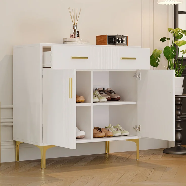 Moderner Schuhschrank mit Schubladen Landhausstil Weiß 80cm Breite Stauraum für Flur und Diele Garderobe Schuhkommode Schuhregal mit Türen und Schubladen für bis zu 20 Paar Schuhe mit Kippsicherung, 79.5cmx35cmx80cm, Weiß – Bild 2