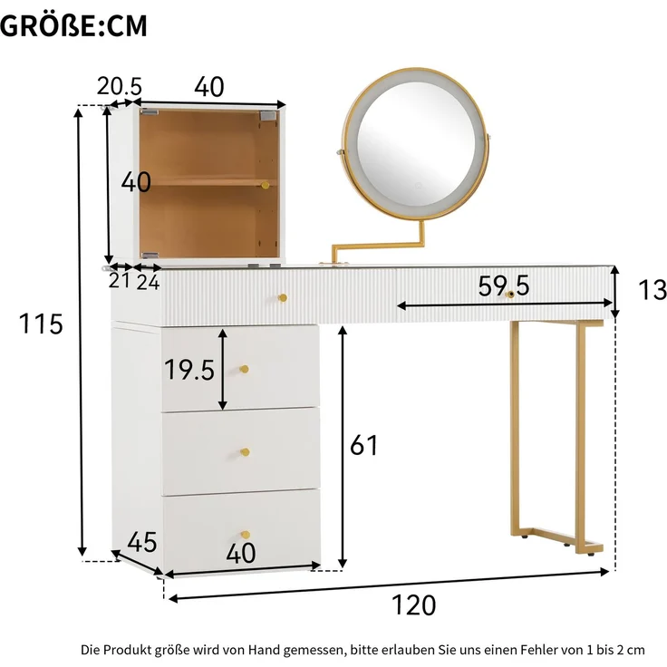 Schminktisch mit LED-Spiegel & flexiblen Regalen, weiß & gold modern Make-up Tisch,ohne Hocker – Bild 10