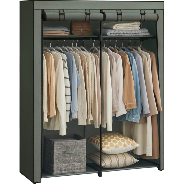 Songmics Kleiderschrank, Garderobe mit 2 Kleiderstangen, Kleidungsaufbewahrung, Stoffschrank, Kleiderständer, faltbar, Ankleidezimmer, Schlafzimmer, 140 x 43 x 174 cm, salbeigrün RYG002C02