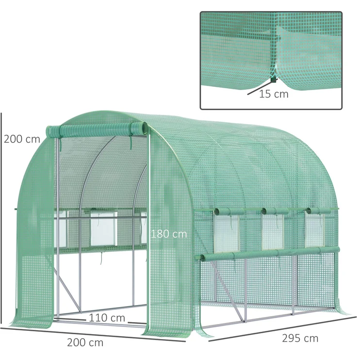 MELAYR, Foliengewächshaus, 6 aufrollbare Fenster, Tür mit Reißverschluss, rostfreier Stahlrahmen, 2.95 x 2 x 2 m, Grün – Bild 5