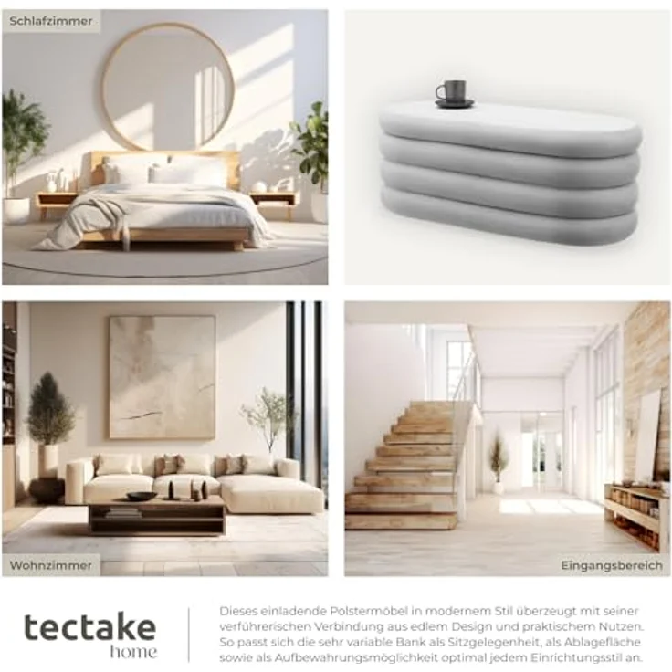 tectake® Sitzbank mit Stauraum, Scandi Samt Sitzhocker, Hocker mit Stauraum, Pouf, Polsterhocker, Sitztruhe, Truhe mit Deckel, Truhenbank mit Stauraum, Möbel Wohnzimmer - Samtoptik grau – Bild 7