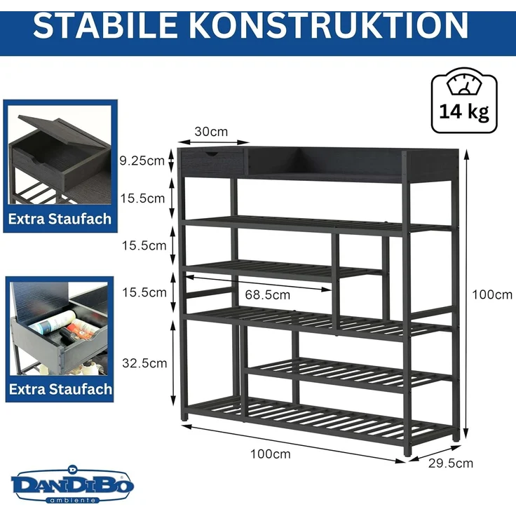 DanDiBo Schuhregal Platzsparend Metall Schwarz Modern 6 Etagen 100 cm mit Ablage Schuhständer mit Stauraum Schuhablage Schuhaufbewahrung Regal Design – Bild 2