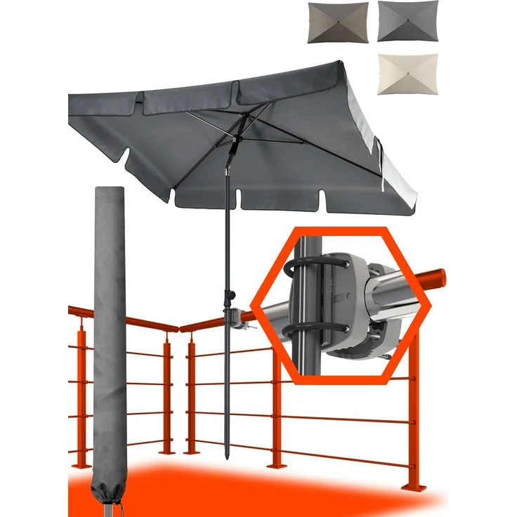 4smile Sonnenschirm Balkon SunnyShade, 3-in-1 SET, Anthrazit - UPF 50+ Sonnenschirm rechteckig 200x125 cm + Sonnenschirmhalter Balkongeländer + Sonnenschirm-Schutzhülle - Sonnenschutz Balkon