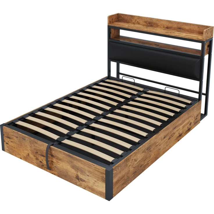Bettrahmen 140x200 cm mit hydraulischer Hebevorrichtung, USB-Ladestation, gepolstertem Kopfteil, Vintage-Design aus Holz und Metall, Schwarz – Bild 9