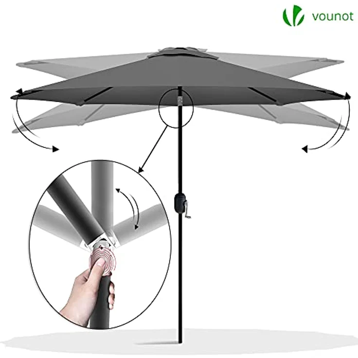 VOUNOT Sonnenschirm 270 cm mit Kurbelvorrichtung, Knickbar, Sonnenschutz UV-Schutz, Balkonschirm Gartenschirm Marktschirm mit Schutzhülle, Grau – Bild 3