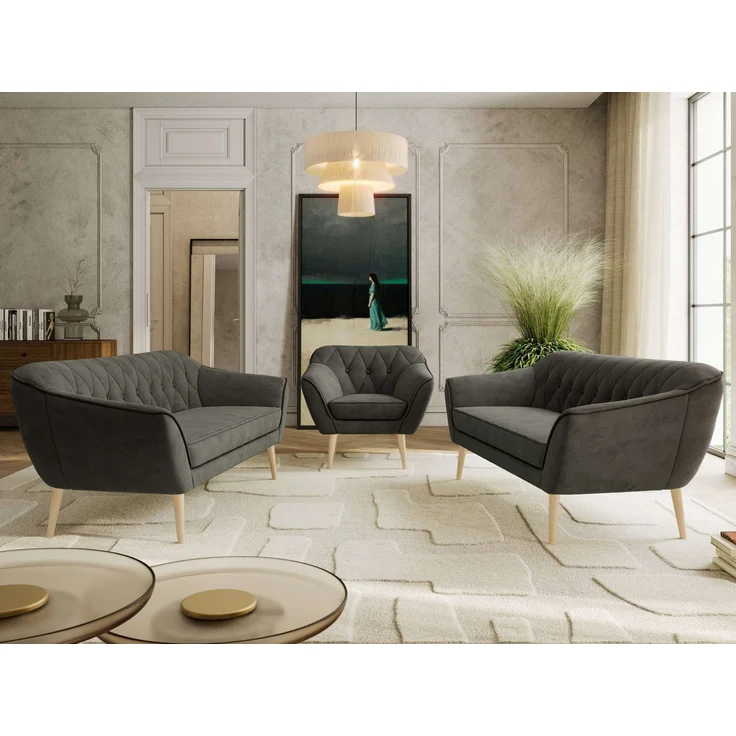Wohnzimmerset, Möbelset PIRS 3-3-1, Armlehnen, Wellenfederung, Buche Füße, Dreisitzer Sofas mit Sessel, Polstermöbel Set - Dunkelgrau Velvet – Bild 3