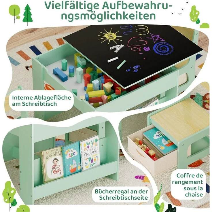 TLGREEN Kindersitzgruppe 3-in-1 Multifunktional mit Whiteboard & Kreidetafel, (Maltisch & Schreibtisch mit Großen Stauraum & Buchständer, Spieltisch für Lego Kinderzimmer), Klappbar, Sicher, für Jungen Mädchen ab 3-6 Jahren – Bild 4