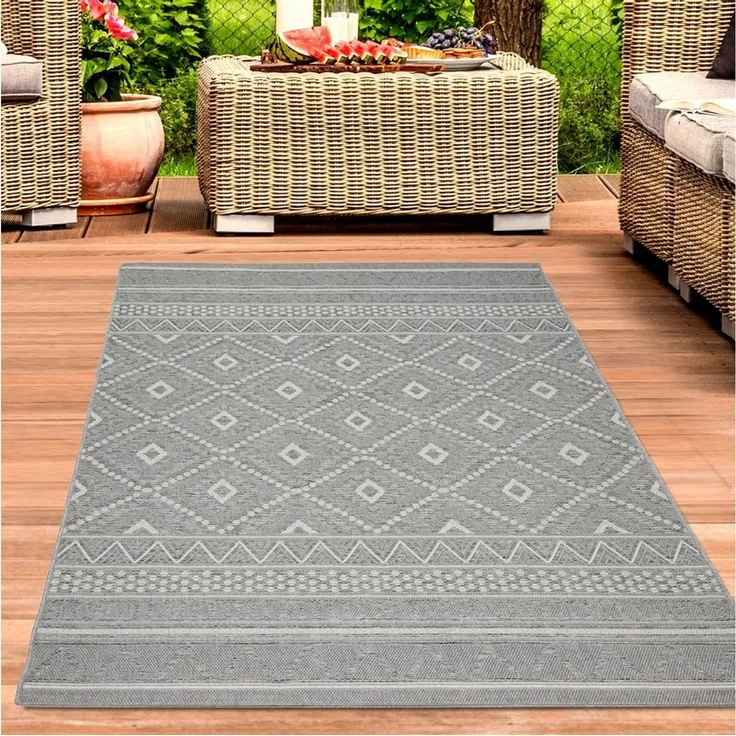 Carpetia Outdoorteppich In- & Outdoor Teppich Sisal Wohnzimmer Rauten Muster grau, rechteckig