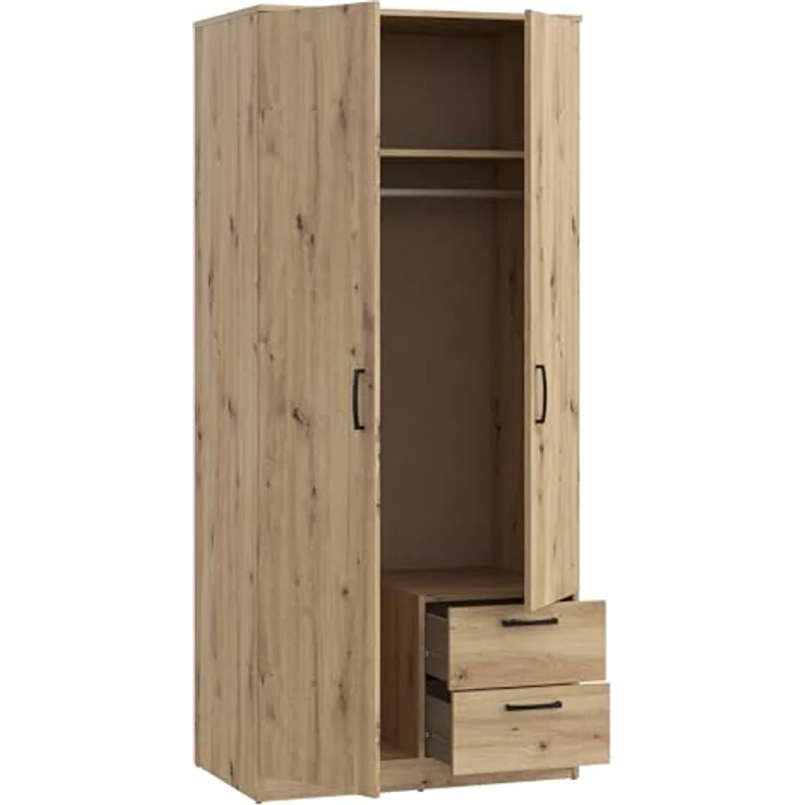 FORTE NIKO Kleiderschrank 82, Scandi Kleiderschrank mit 2 Türen und 2 Schubladen, Holzwerkstoff, Artisan Eiche Dekor, 81,9 cm breit, 185 cm hoch, 52,7 cm tief – Bild 6