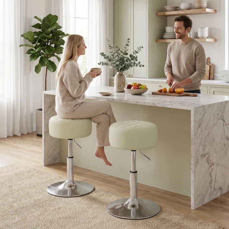 Barhocker aus PU-Leder mit einstellbarer Höhe, weicher, dicker Sitzfläche, um 360° drehbar, für Theken, Weiß – Bild 4